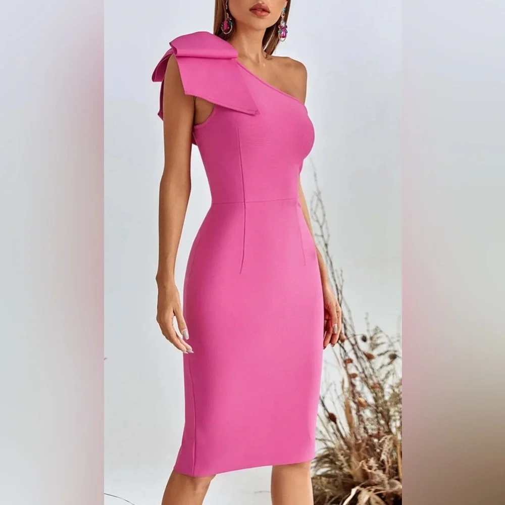 NEW Bella Barnett Pink One Shoulder Midi Cocktail Dress Size L - Picture 3 of 5